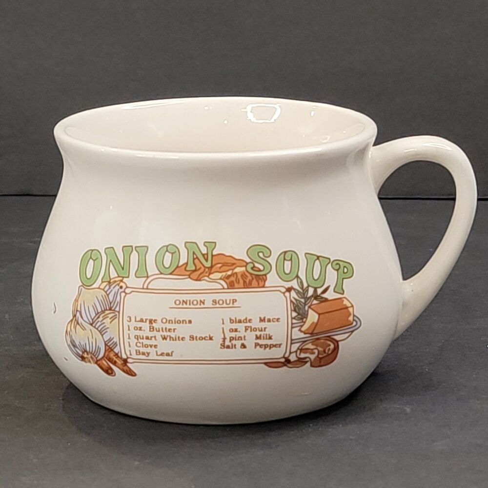 Vintage Ceramic Onion Soup Recipe Mug Bowl With Handle White